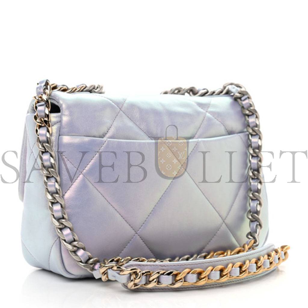 CHANEL IRIDESCENT CALFSKIN QUILTED MEDIUM CHANEL 19 FLAP LIGHT SILVER PURPLE BLUE AS1160  (26*17*8cm)